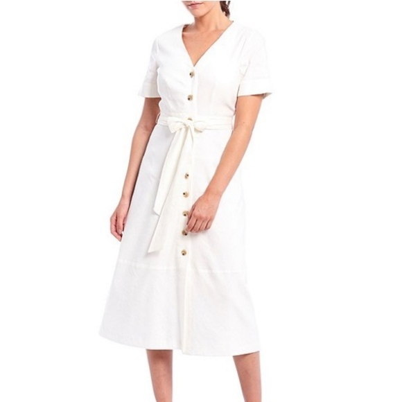 Crimeux Dress Line Blend Button Front Short Sleeve Flounce Hem Lined Cream 6 - Picture 11 of 11